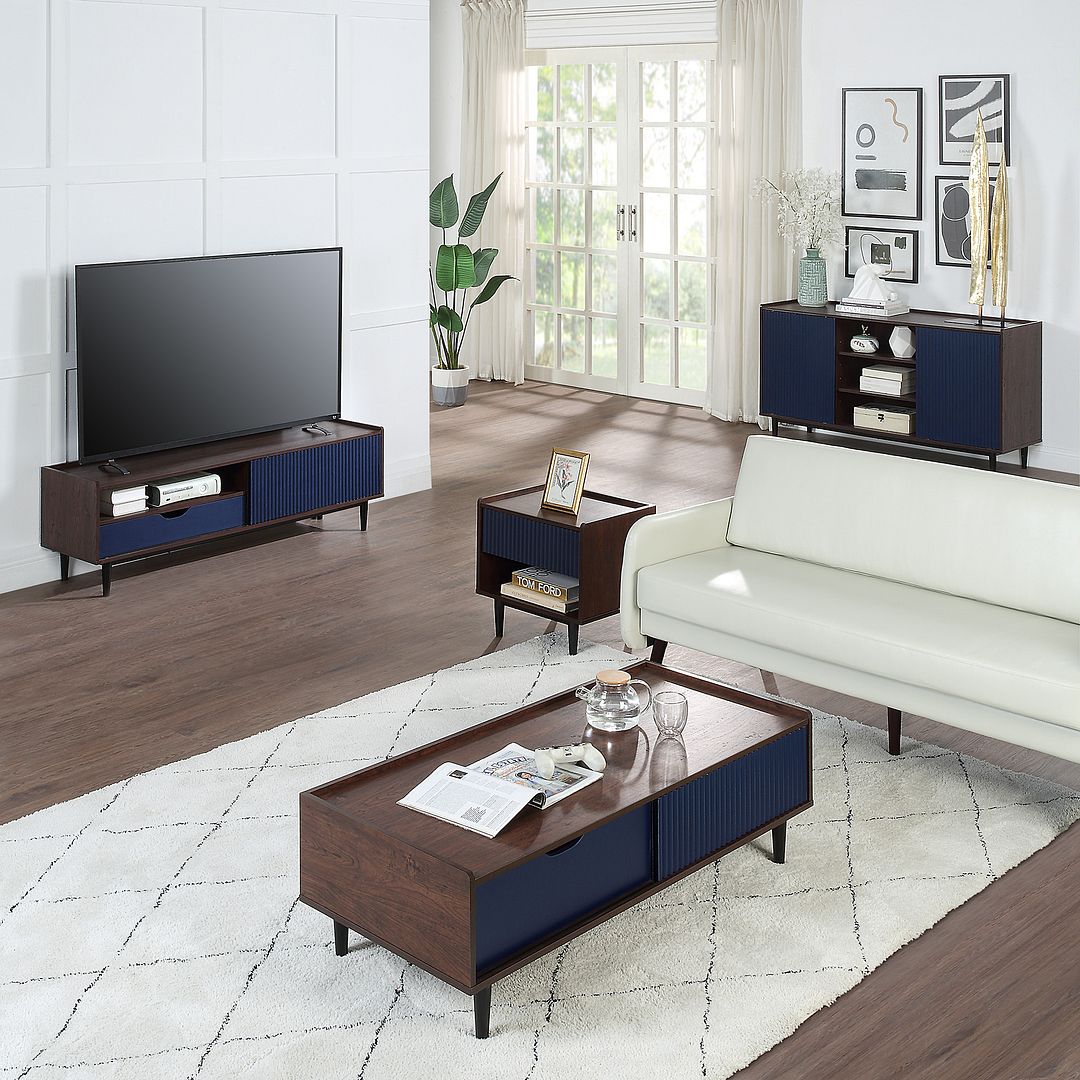 Manhattan Comfort Duane Modern Ribbed Coffee Table with Drawer and Shelf in Dark Brown and Navy Blue