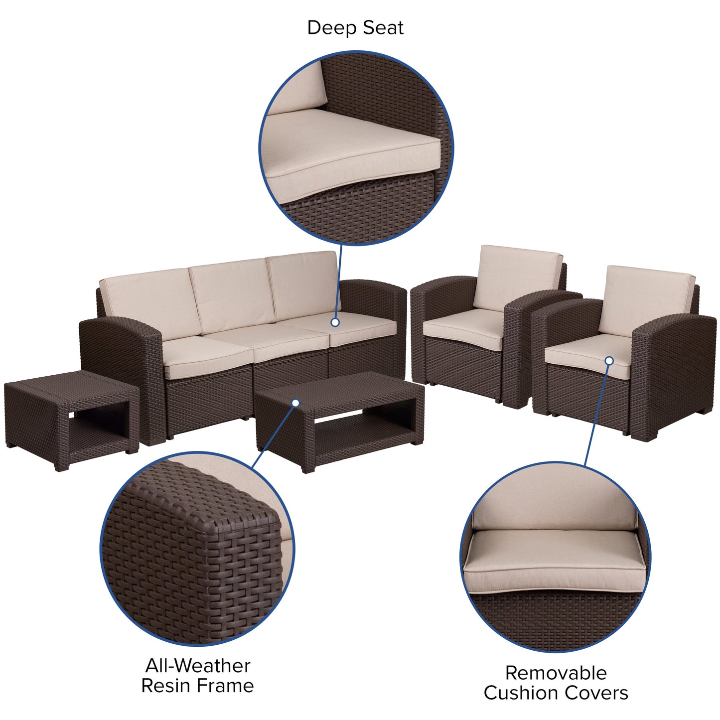 5 PC Brown Outdoor Rattan Set DAD-SF-113RS-CBN-GG