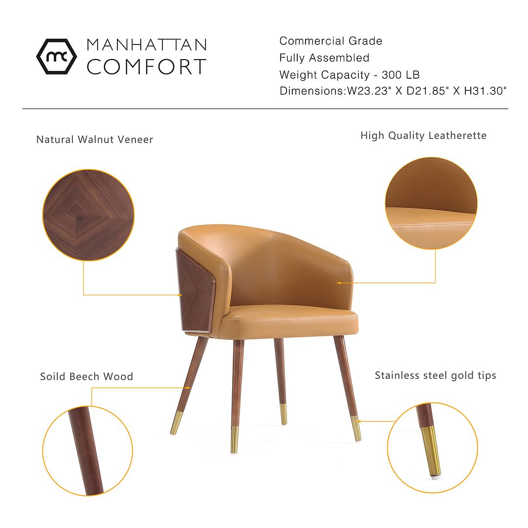 Manhattan Comfort Modern Reeva Dining Chair Upholstered in Leatherette with Beech Wood Back and Solid Wood Legs in Walnut and Camal