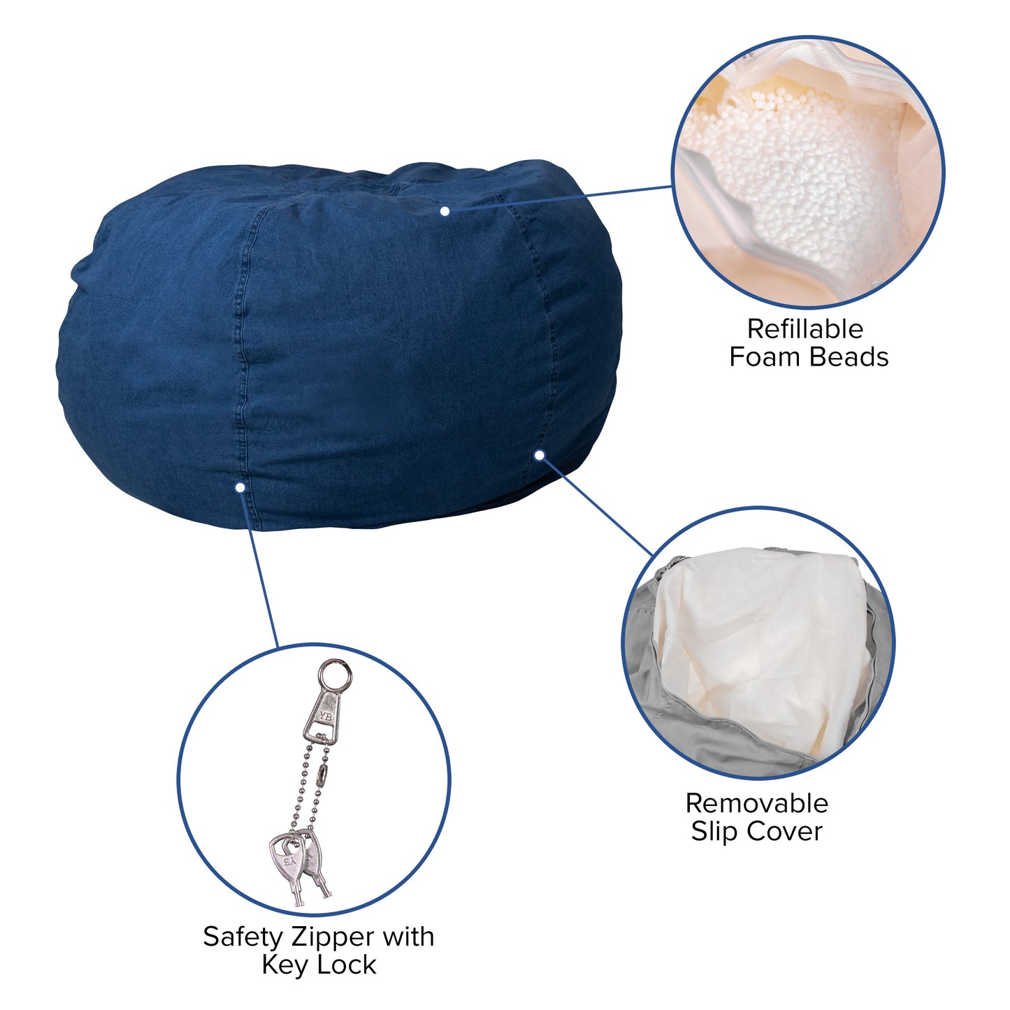 Denim Bean Bag Chair DG-BEAN-LARGE-DENIM-GG