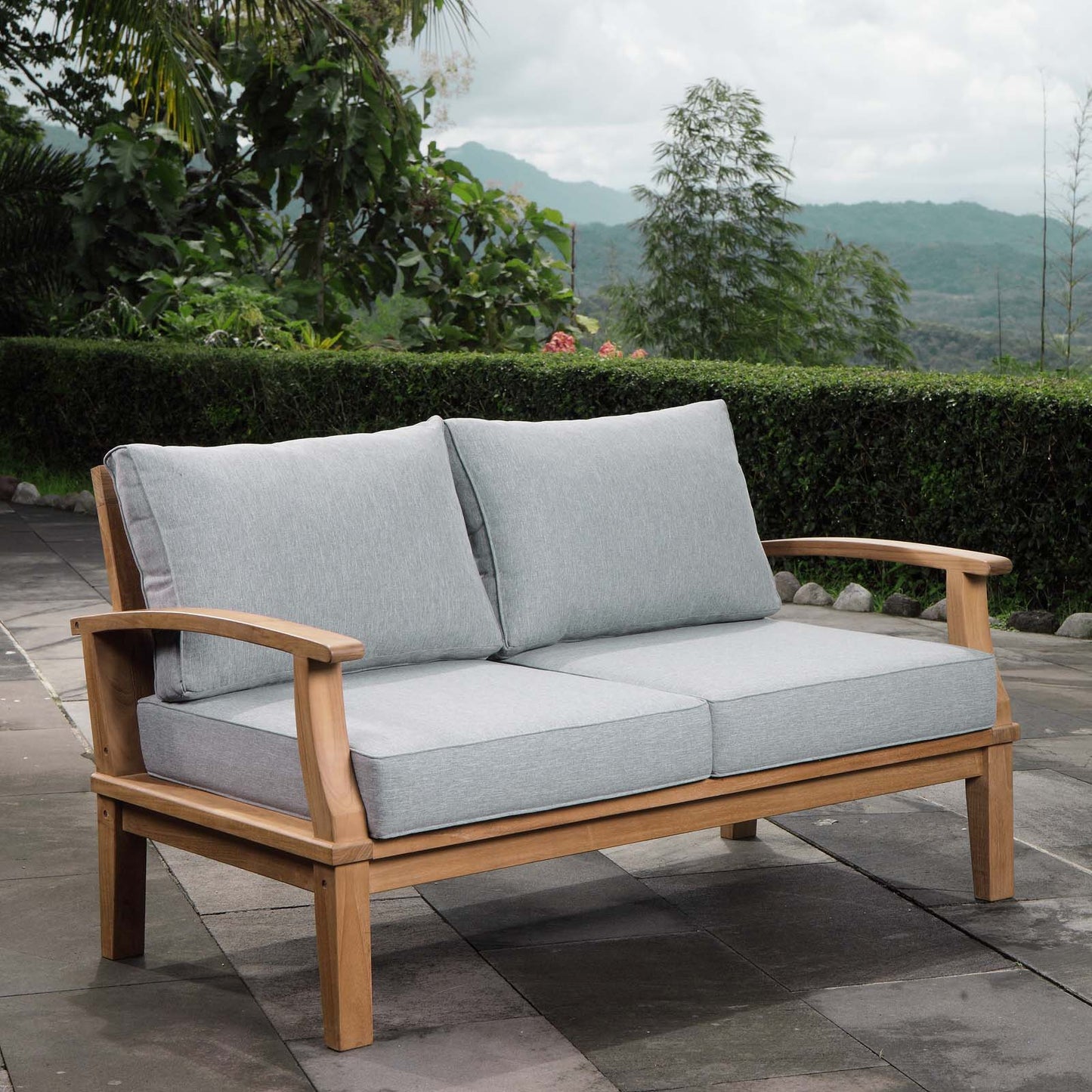 Marina Outdoor Patio Teak Loveseat Natural Gray EEI-1144-NAT-GRY-SET