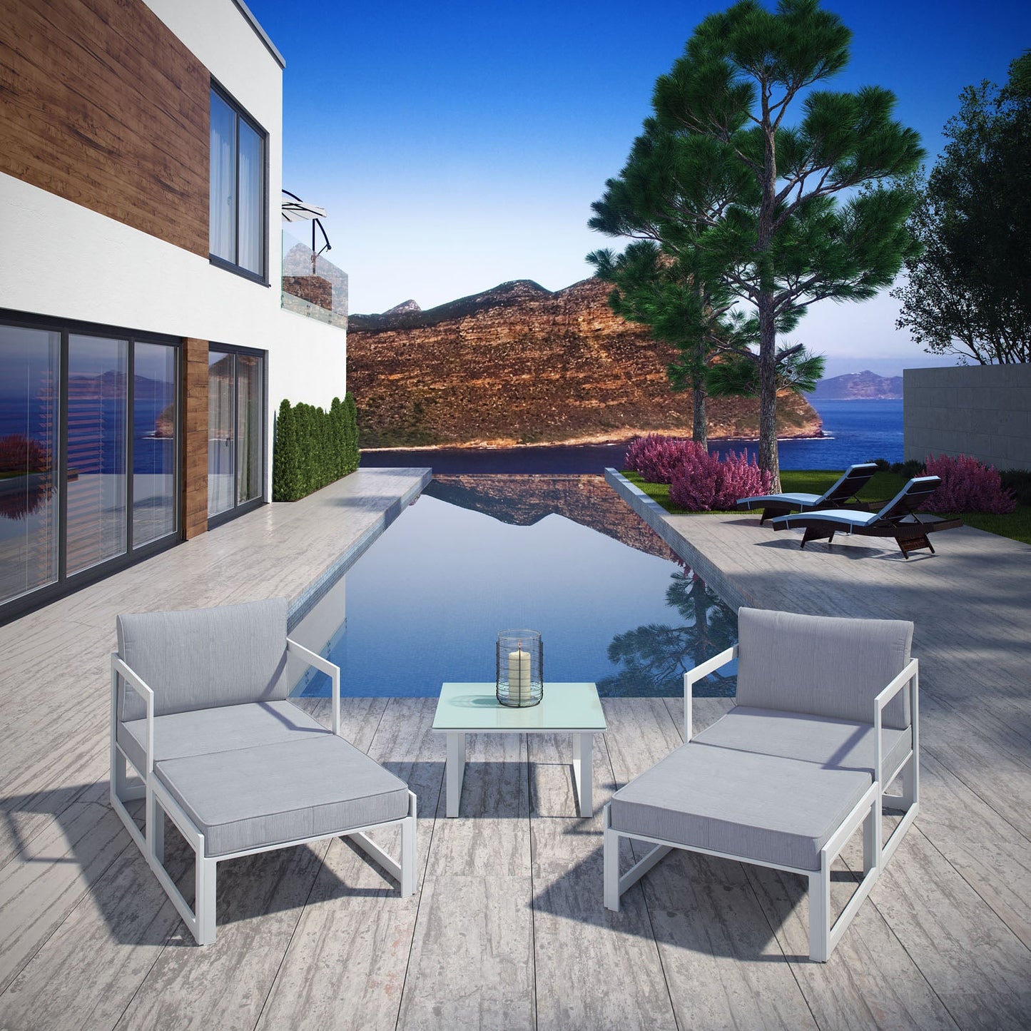 Fortuna 5 Piece Outdoor Patio Sectional Sofa Set White Gray EEI-1721-WHI-GRY-SET