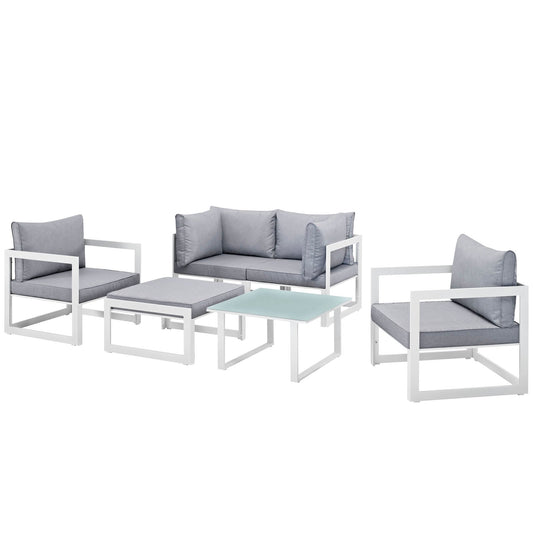 Fortuna 6 Piece Outdoor Patio Sectional Sofa Set White Gray EEI-1723-WHI-GRY-SET