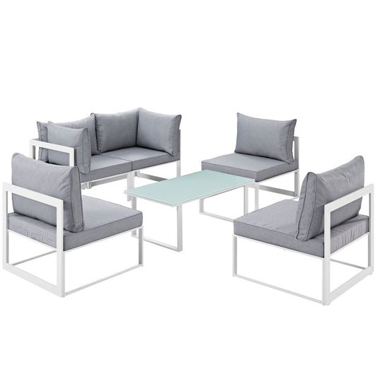 Fortuna 6 Piece Outdoor Patio Sectional Sofa Set White Gray EEI-1726-WHI-GRY-SET