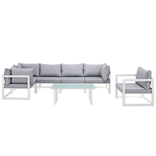 Fortuna 7 Piece Outdoor Patio Sectional Sofa Set White Gray EEI-1733-WHI-GRY-SET