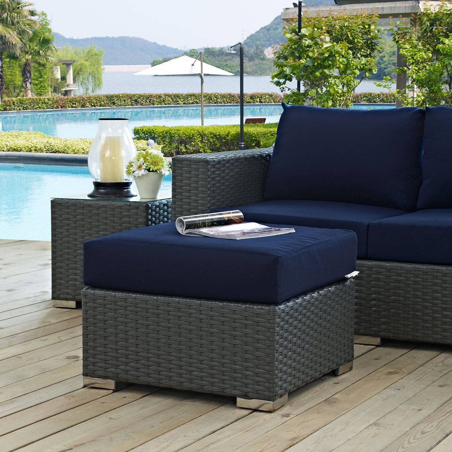 Sojourn Outdoor Patio Sunbrella® Ottoman Canvas Navy EEI-1855-CHC-NAV