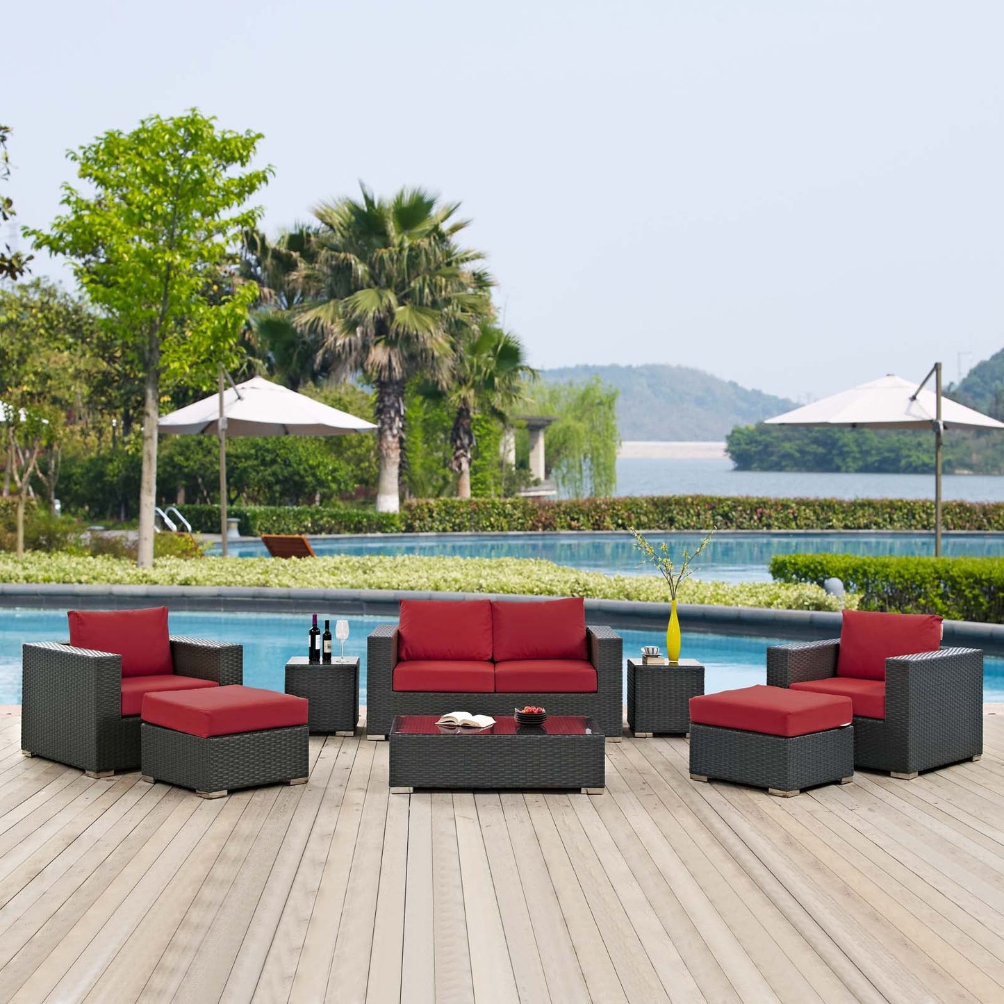 Sojourn 8 Piece Outdoor Patio Sunbrella® Sectional Set Canvas Red EEI-1880-CHC-RED-SET