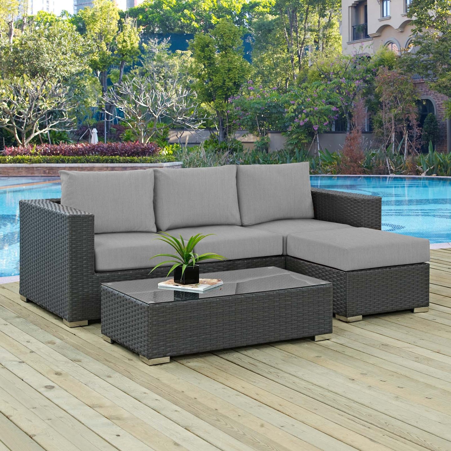 Sojourn 3 Piece Outdoor Patio Sunbrella® Sectional Set Canvas Gray EEI-1889-CHC-GRY-SET