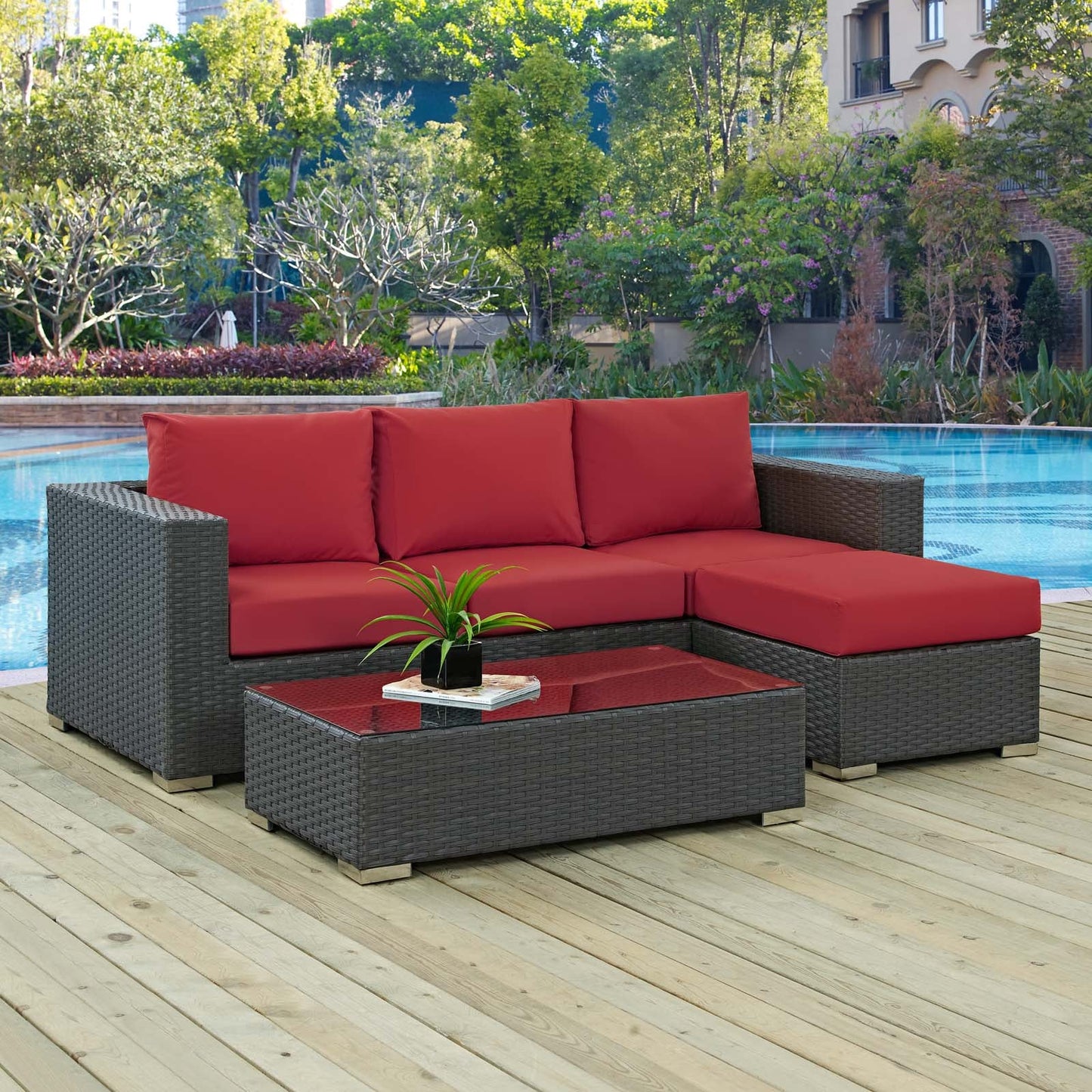 Sojourn 3 Piece Outdoor Patio Sunbrella® Sectional Set Canvas Red EEI-1889-CHC-RED-SET