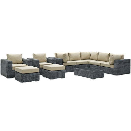 Summon 10 Piece Outdoor Patio Sunbrella® Sectional Set Canvas Antique Beige EEI-1902-GRY-BEI-SET