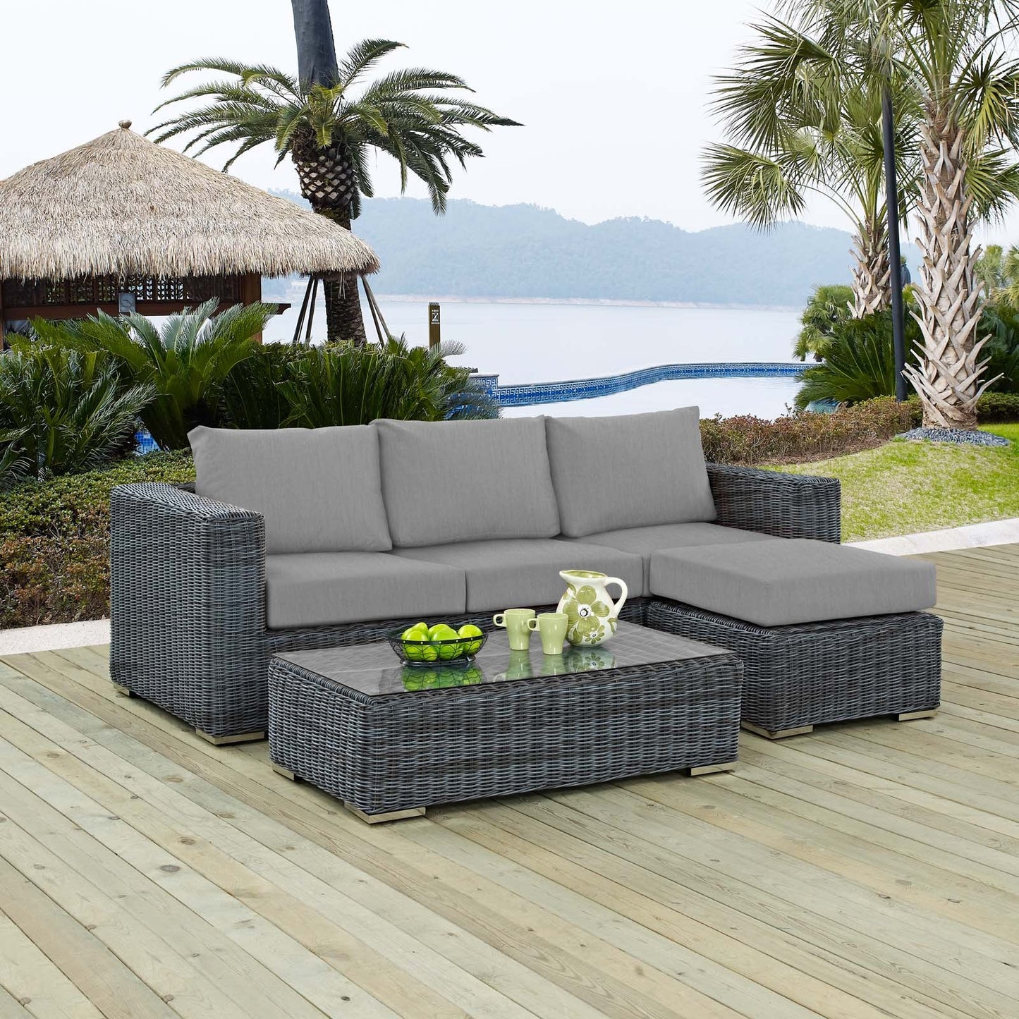 Summon 3 Piece Outdoor Patio Sunbrella® Sectional Set Canvas Gray EEI-1903-GRY-GRY-SET