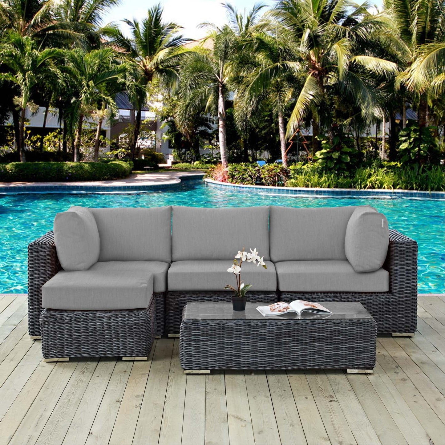 Summon 5 Piece Outdoor Patio Sunbrella® Sectional Set Canvas Gray EEI-1904-GRY-GRY-SET