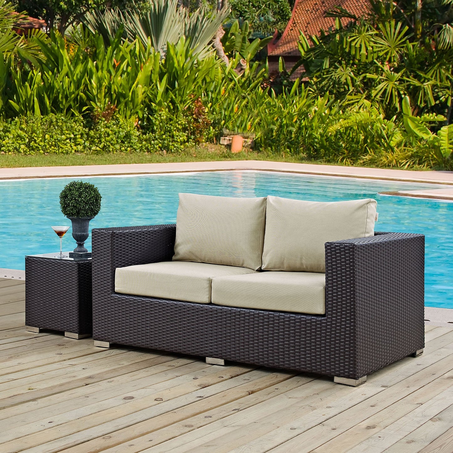 Convene Outdoor Patio Loveseat Espresso Beige EEI-1907-EXP-BEI