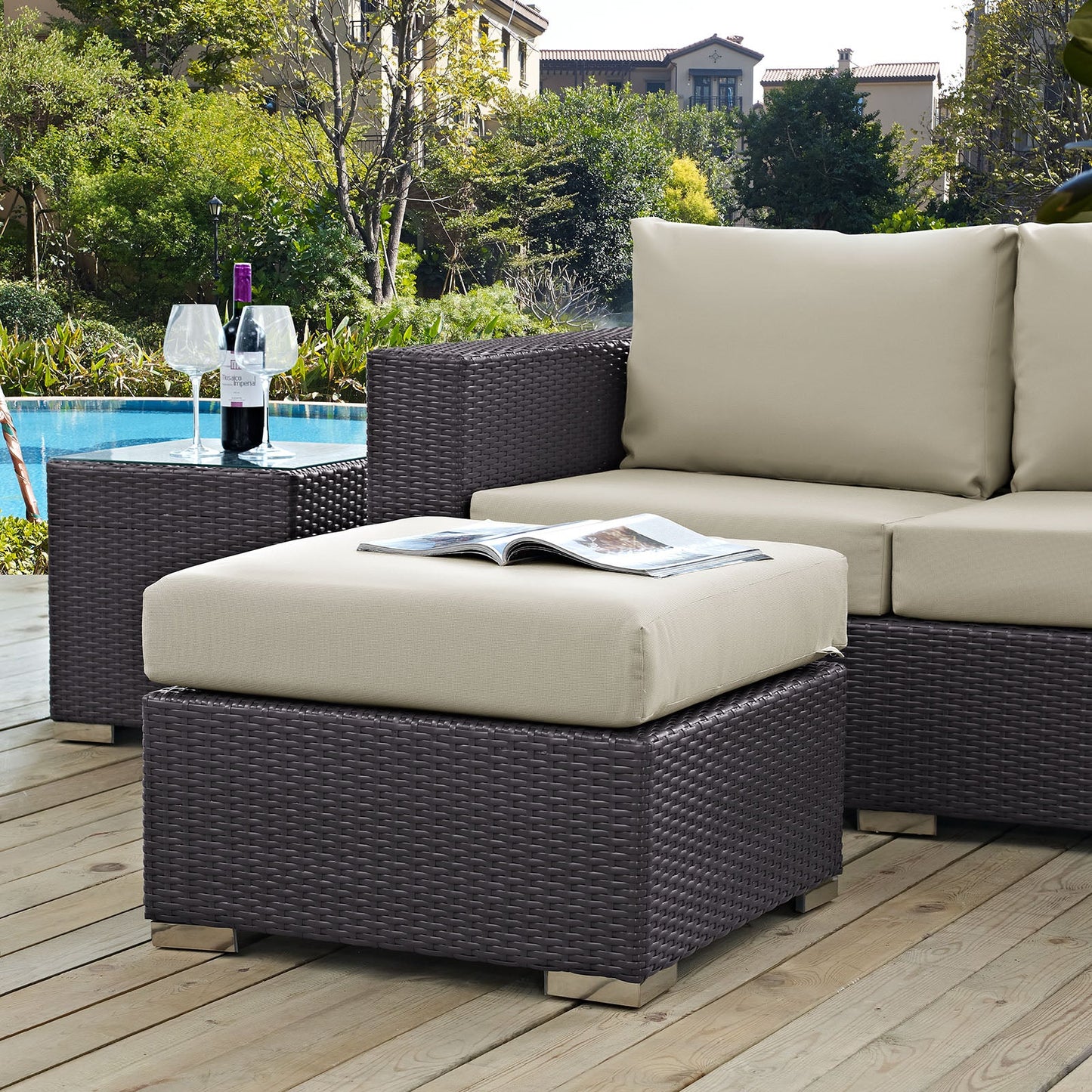 Convene Outdoor Patio Fabric Square Ottoman Espresso Beige EEI-1911-EXP-BEI