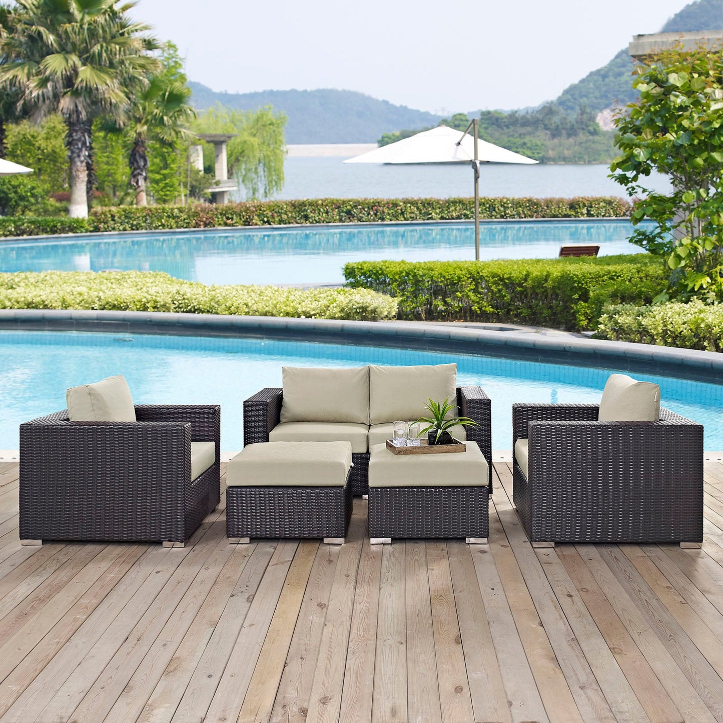 Convene 5 Piece Outdoor Patio Sofa Set Espresso Beige EEI-2158-EXP-BEI-SET