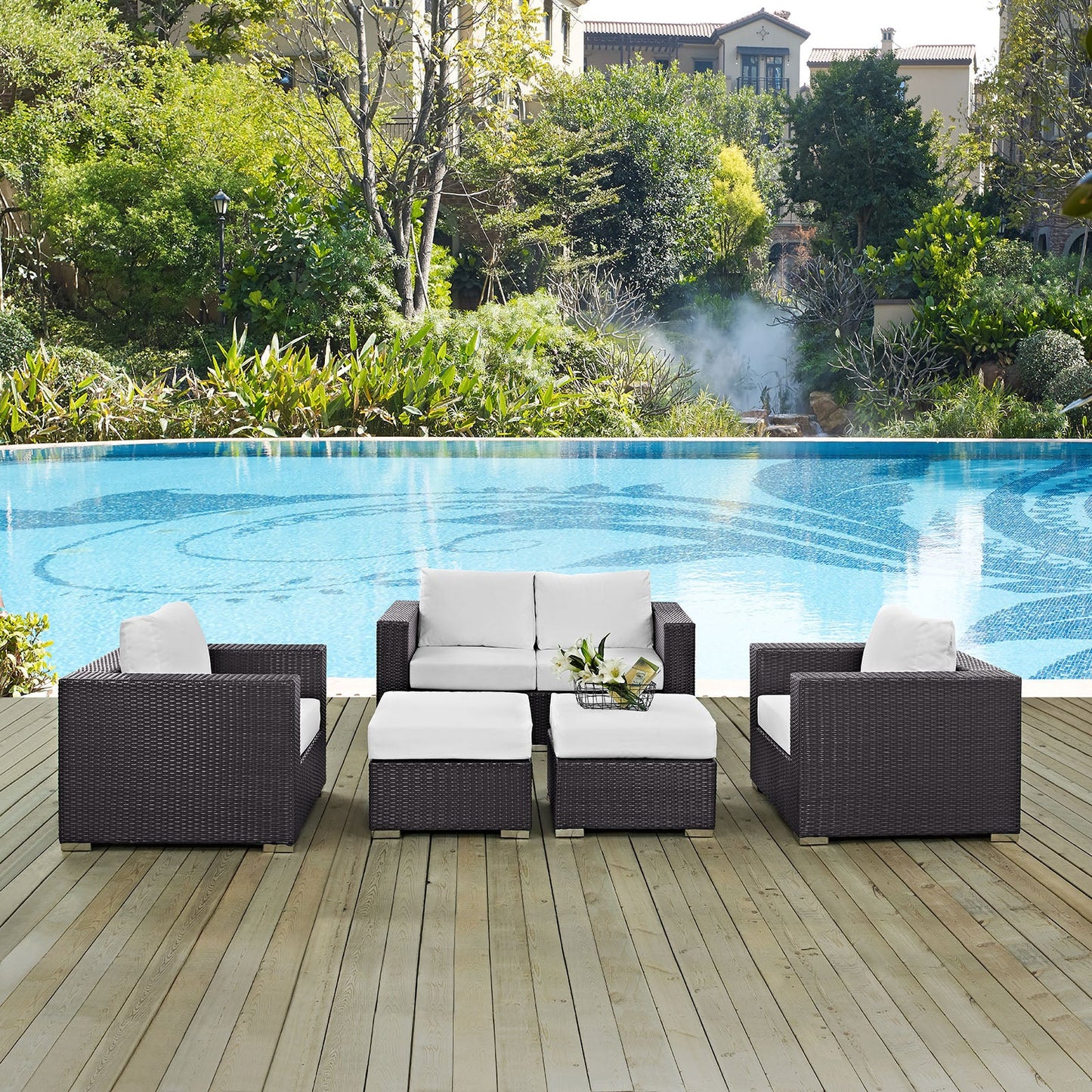 Convene 5 Piece Outdoor Patio Sofa Set Espresso White EEI-2158-EXP-WHI-SET