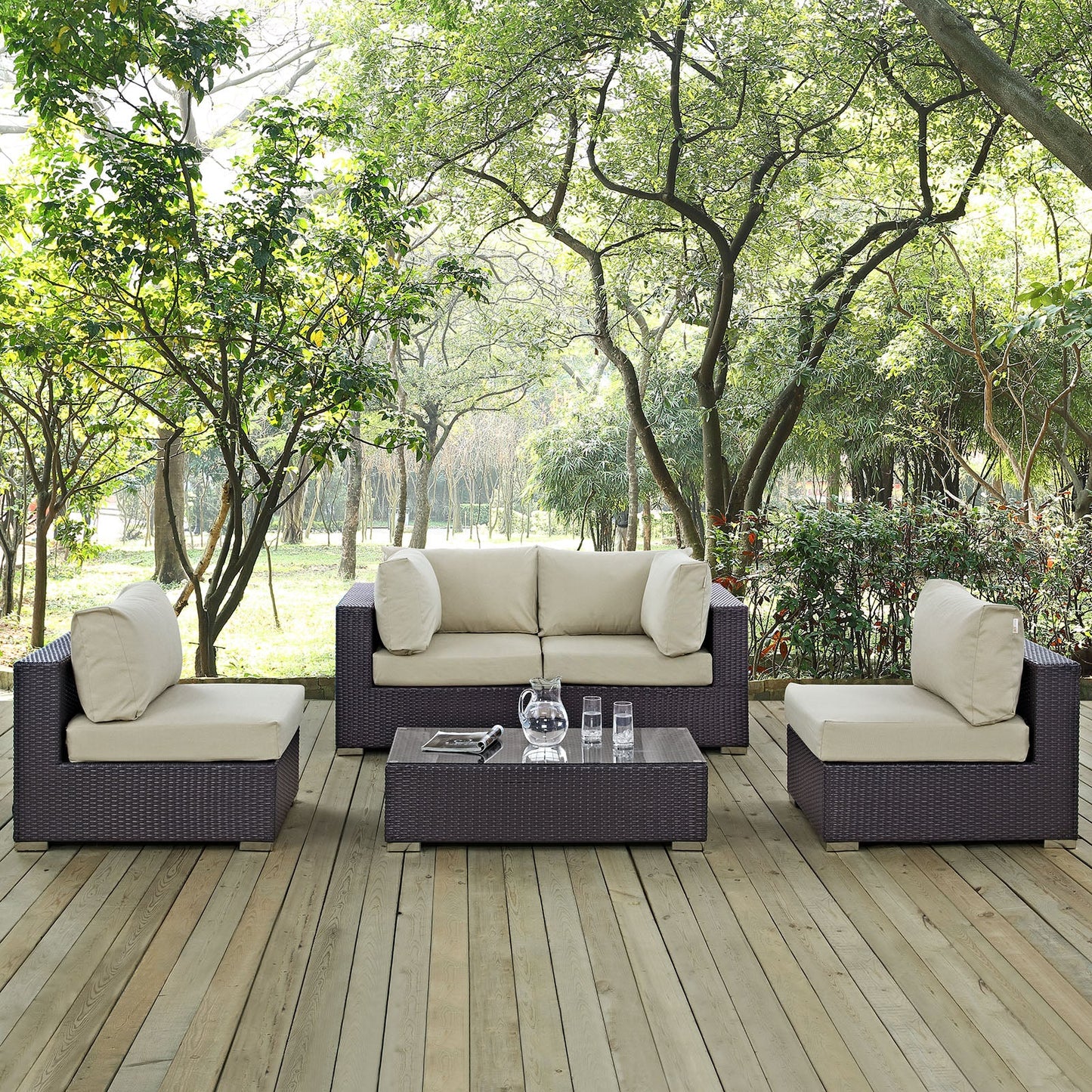 Convene 5 Piece Outdoor Patio Sectional Set Espresso Beige EEI-2163-EXP-BEI-SET