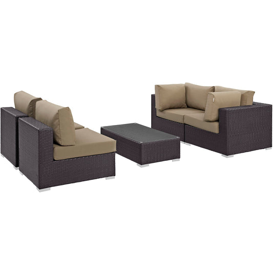 Convene 5 Piece Outdoor Patio Sectional Set Espresso Mocha EEI-2163-EXP-MOC-SET