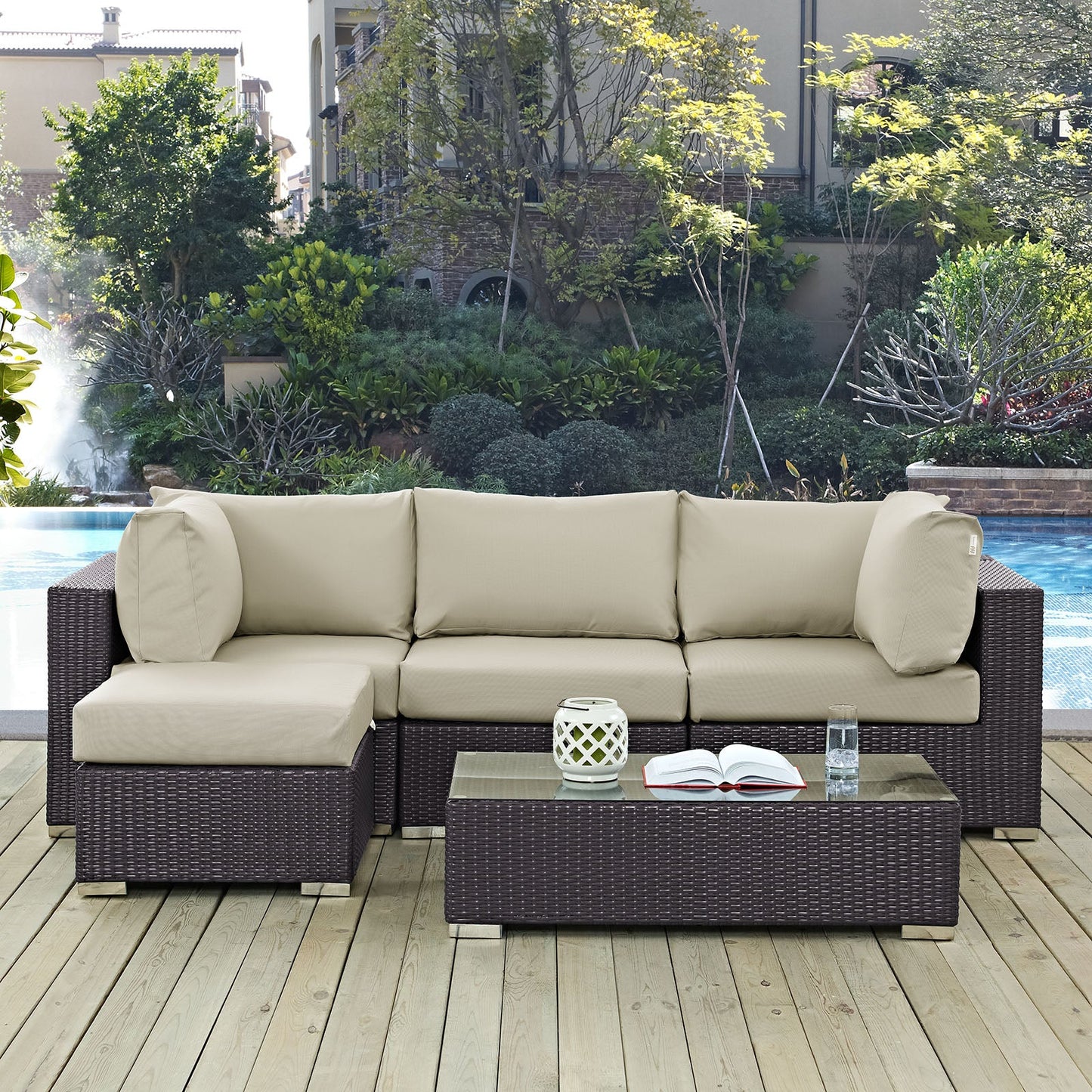 Convene 5 Piece Outdoor Patio Sectional Set Espresso Beige EEI-2172-EXP-BEI-SET