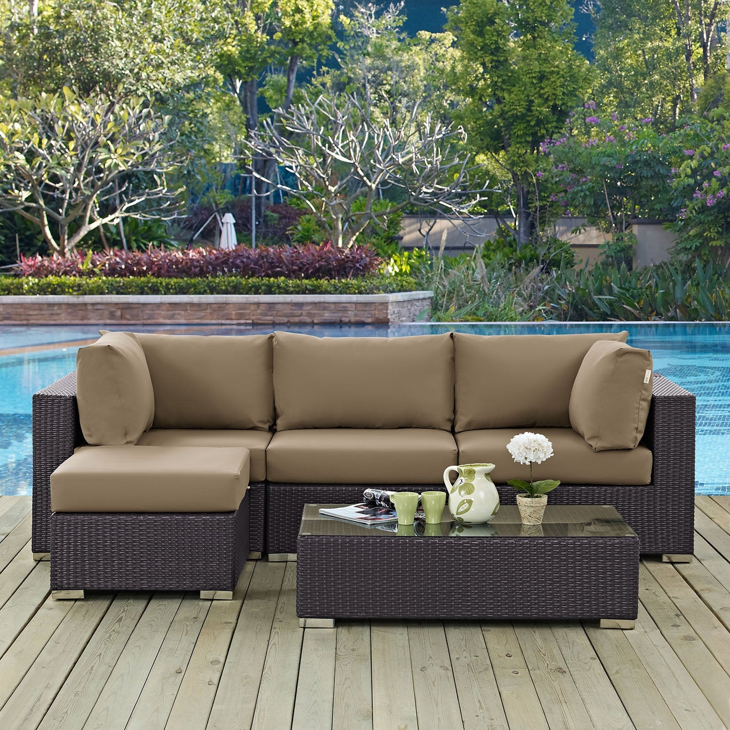 Convene 5 Piece Outdoor Patio Sectional Set Espresso Mocha EEI-2172-EXP-MOC-SET