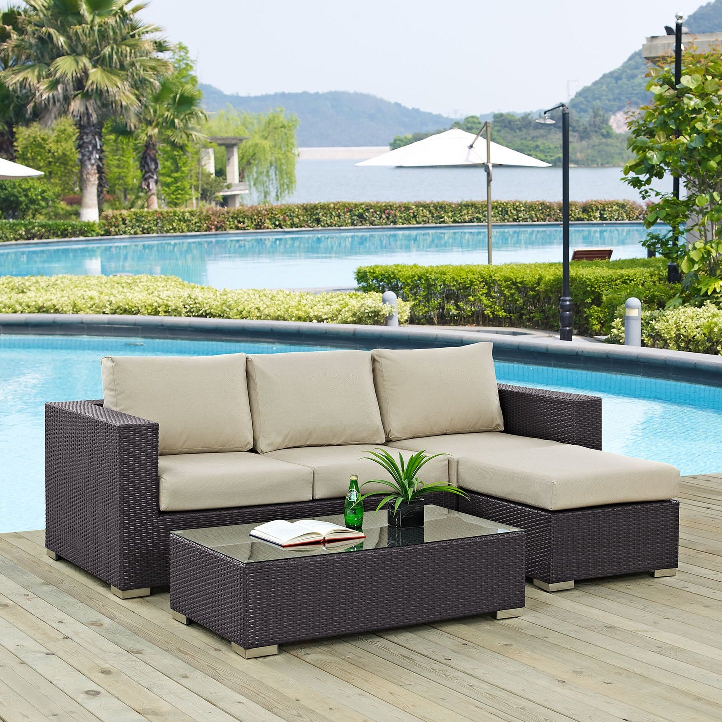 Convene 3 Piece Outdoor Patio Sofa Set Espresso Beige EEI-2178-EXP-BEI-SET