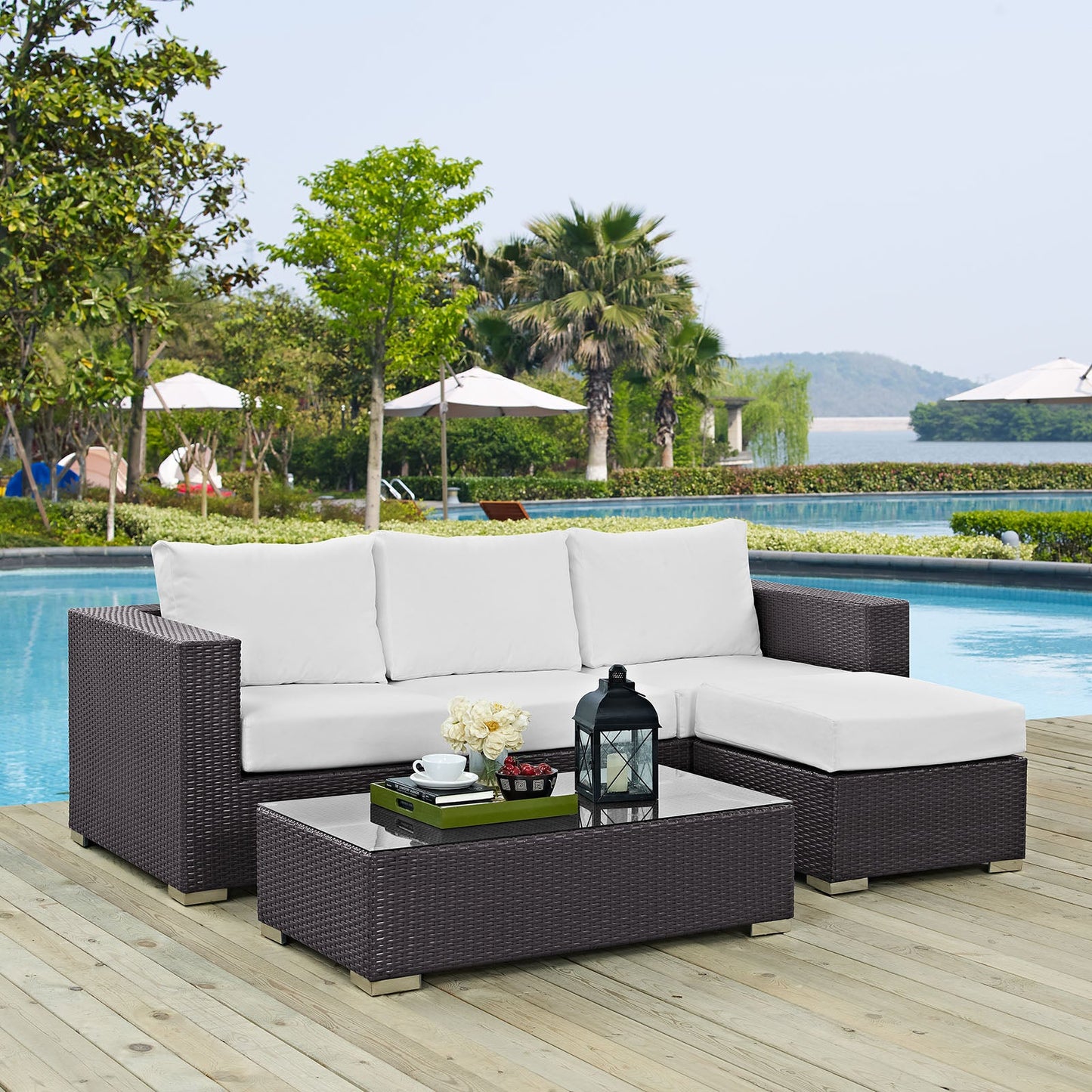 Convene 3 Piece Outdoor Patio Sofa Set Espresso White EEI-2178-EXP-WHI-SET