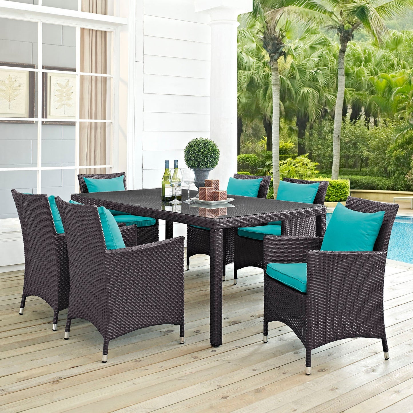 Convene 7 Piece Outdoor Patio Dining Set Espresso Turquoise EEI-2199-EXP-TRQ-SET