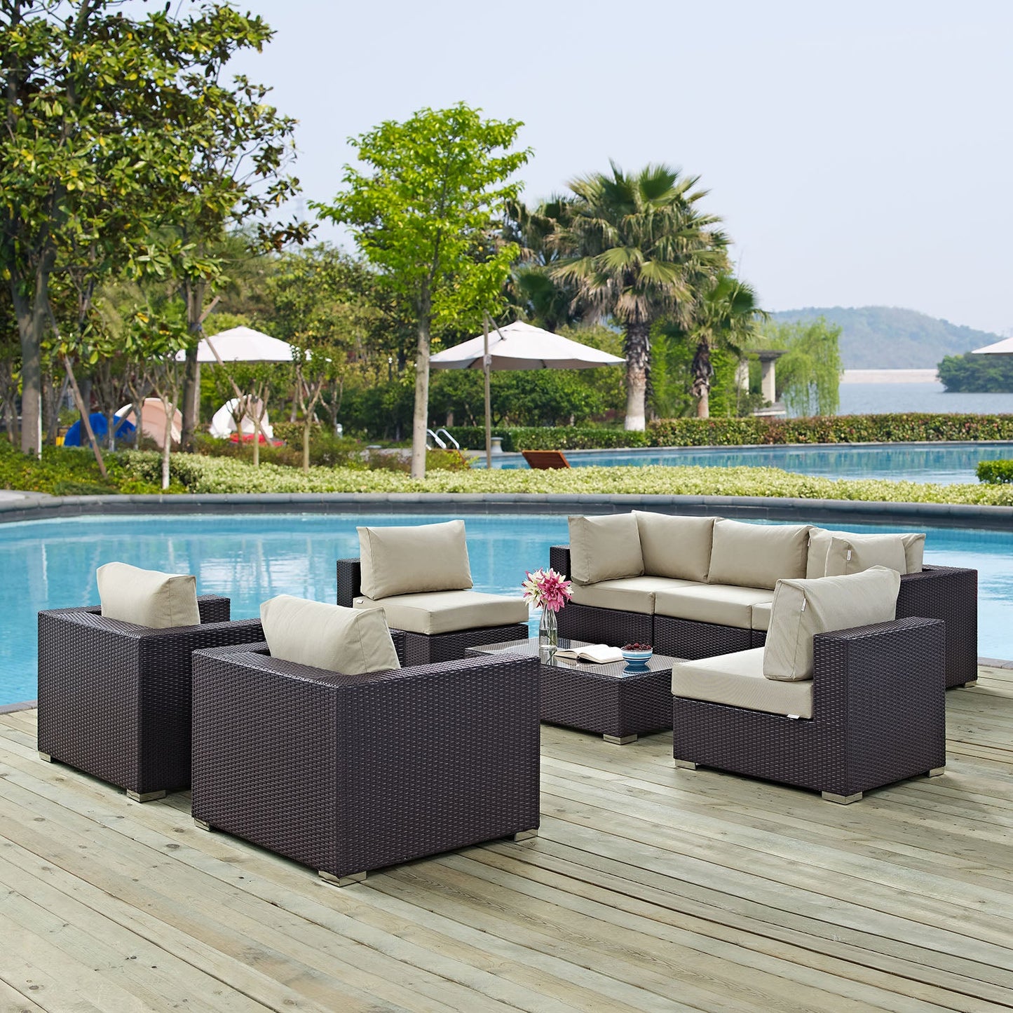 Convene 8 Piece Outdoor Patio Sectional Set Espresso Beige EEI-2203-EXP-BEI-SET