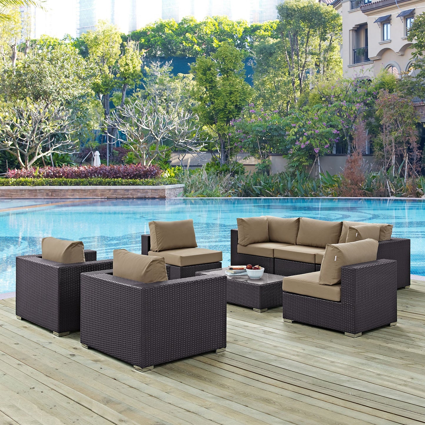 Convene 8 Piece Outdoor Patio Sectional Set Espresso Mocha EEI-2203-EXP-MOC-SET