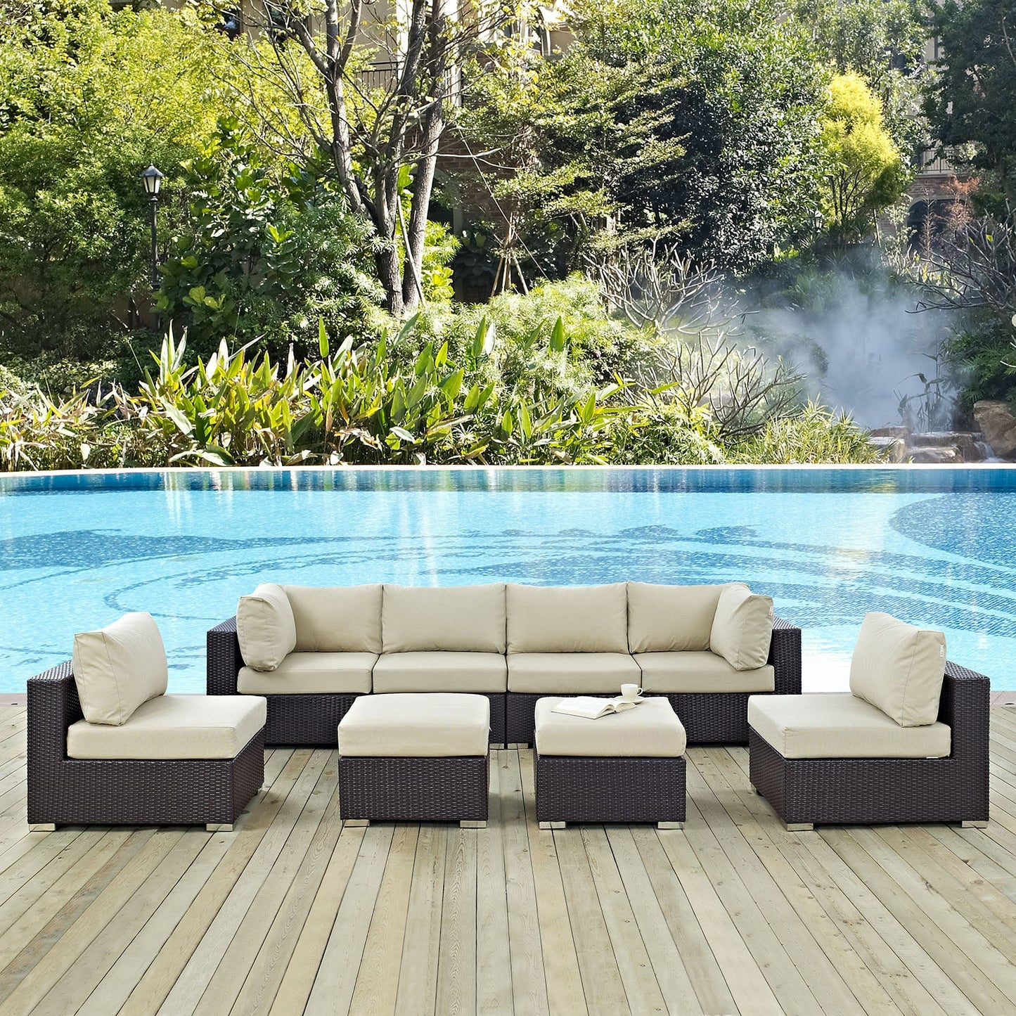 Convene 8 Piece Outdoor Patio Sectional Set Espresso Beige EEI-2204-EXP-BEI-SET