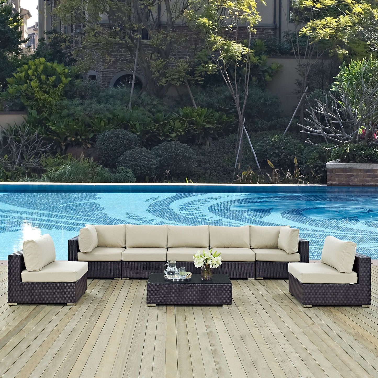 Convene 8 Piece Outdoor Patio Sectional Set Espresso Beige EEI-2205-EXP-BEI-SET