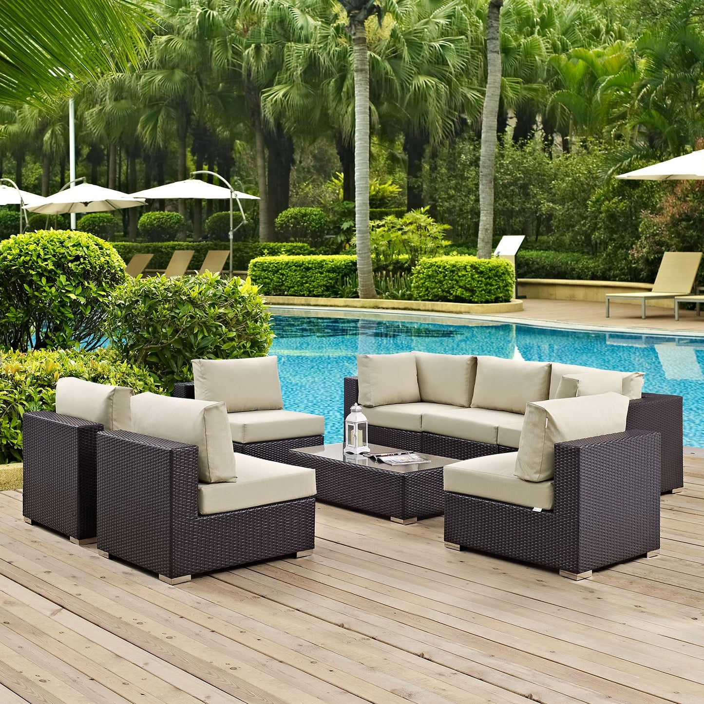 Convene 8 Piece Outdoor Patio Sectional Set Espresso Beige EEI-2205-EXP-BEI-SET