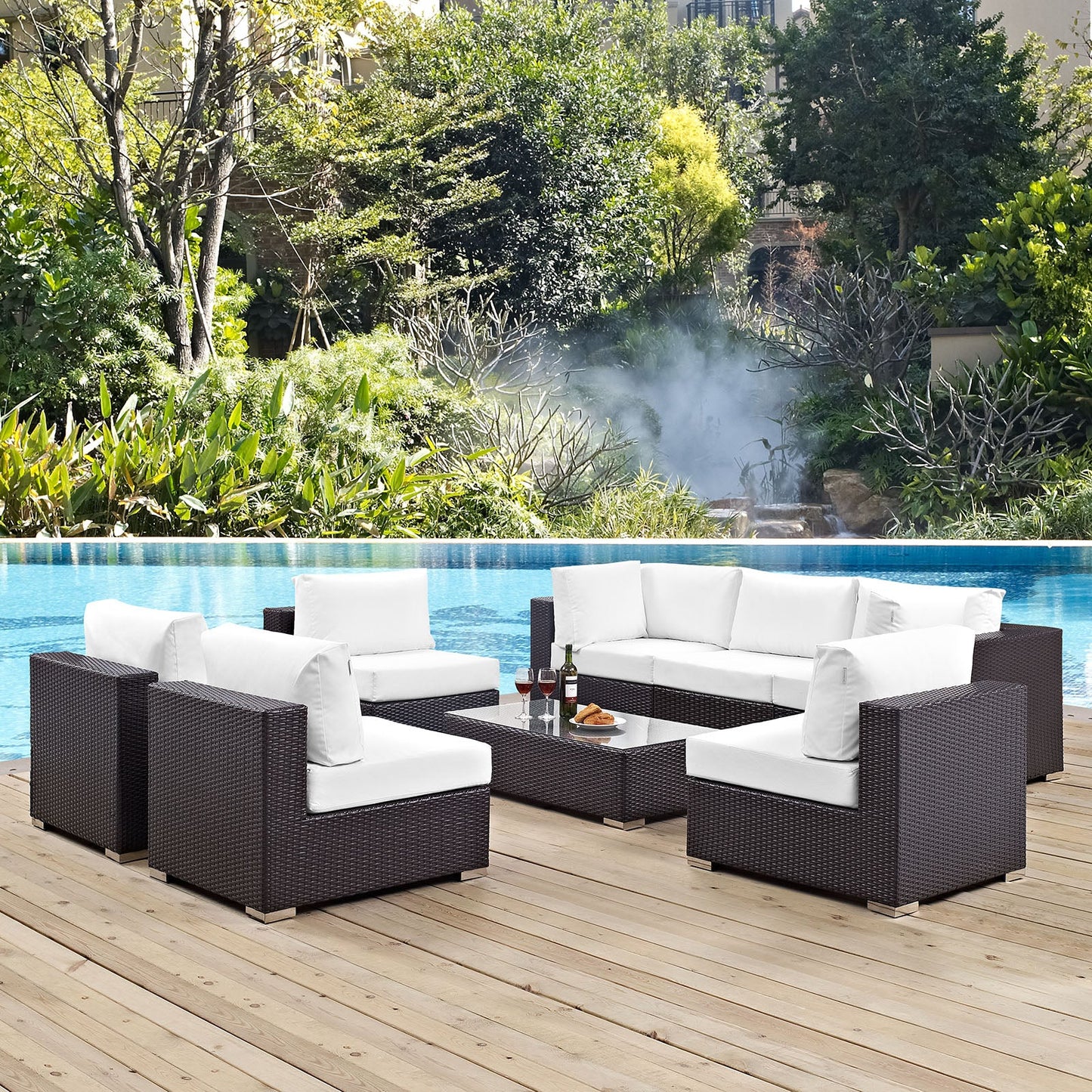 Convene 8 Piece Outdoor Patio Sectional Set Espresso White EEI-2205-EXP-WHI-SET