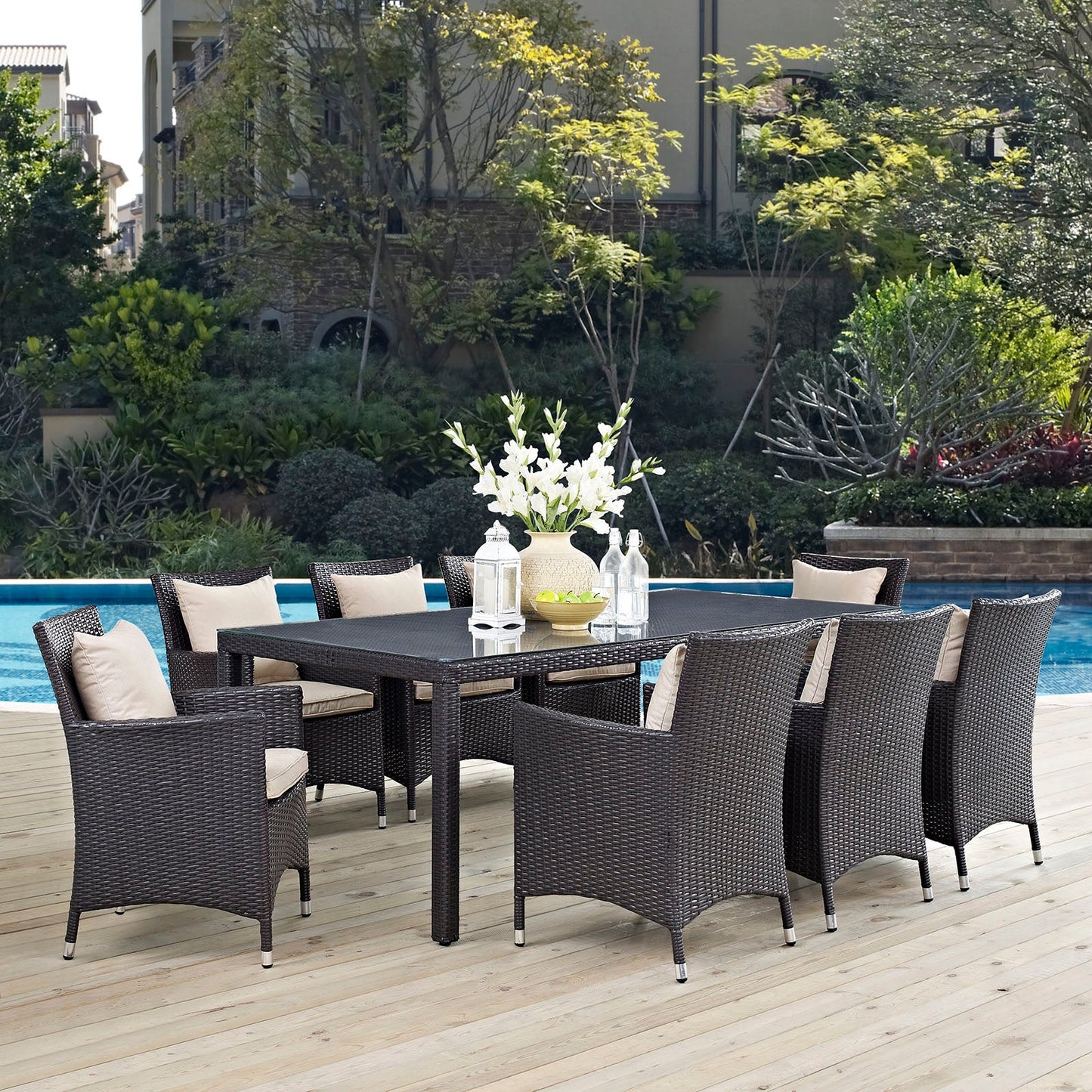 Convene 9 Piece Outdoor Patio Dining Set Espresso Beige EEI-2217-EXP-BEI-SET