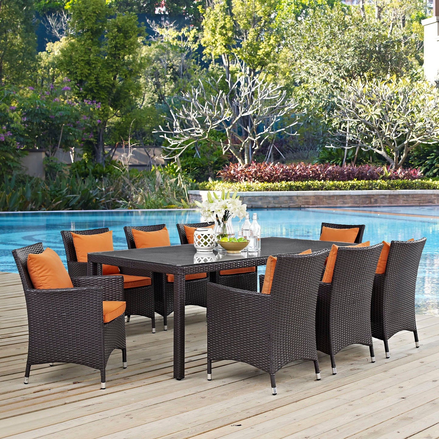 Convene 9 Piece Outdoor Patio Dining Set Espresso Orange EEI-2217-EXP-ORA-SET