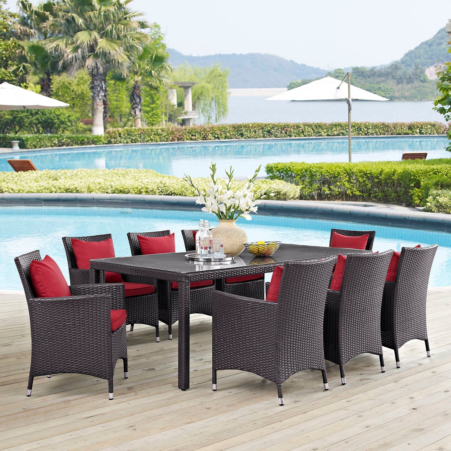 Convene 9 Piece Outdoor Patio Dining Set Espresso Red EEI-2217-EXP-RED-SET