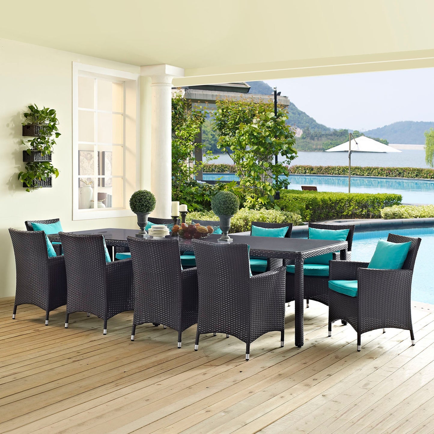 Convene 11 Piece Outdoor Patio Dining Set Espresso Turquoise EEI-2219-EXP-TRQ-SET