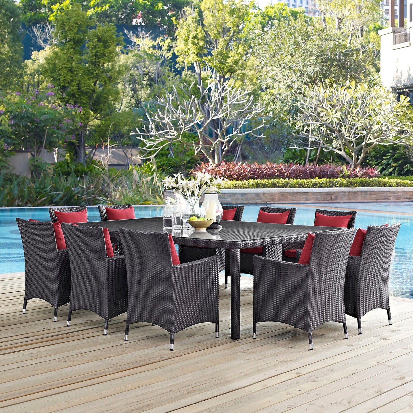 Convene 11 Piece Outdoor Patio Dining Set Espresso Red EEI-2240-EXP-RED-SET