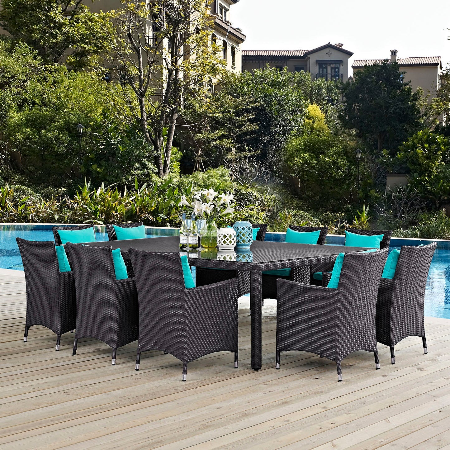 Convene 11 Piece Outdoor Patio Dining Set Espresso Turquoise EEI-2240-EXP-TRQ-SET