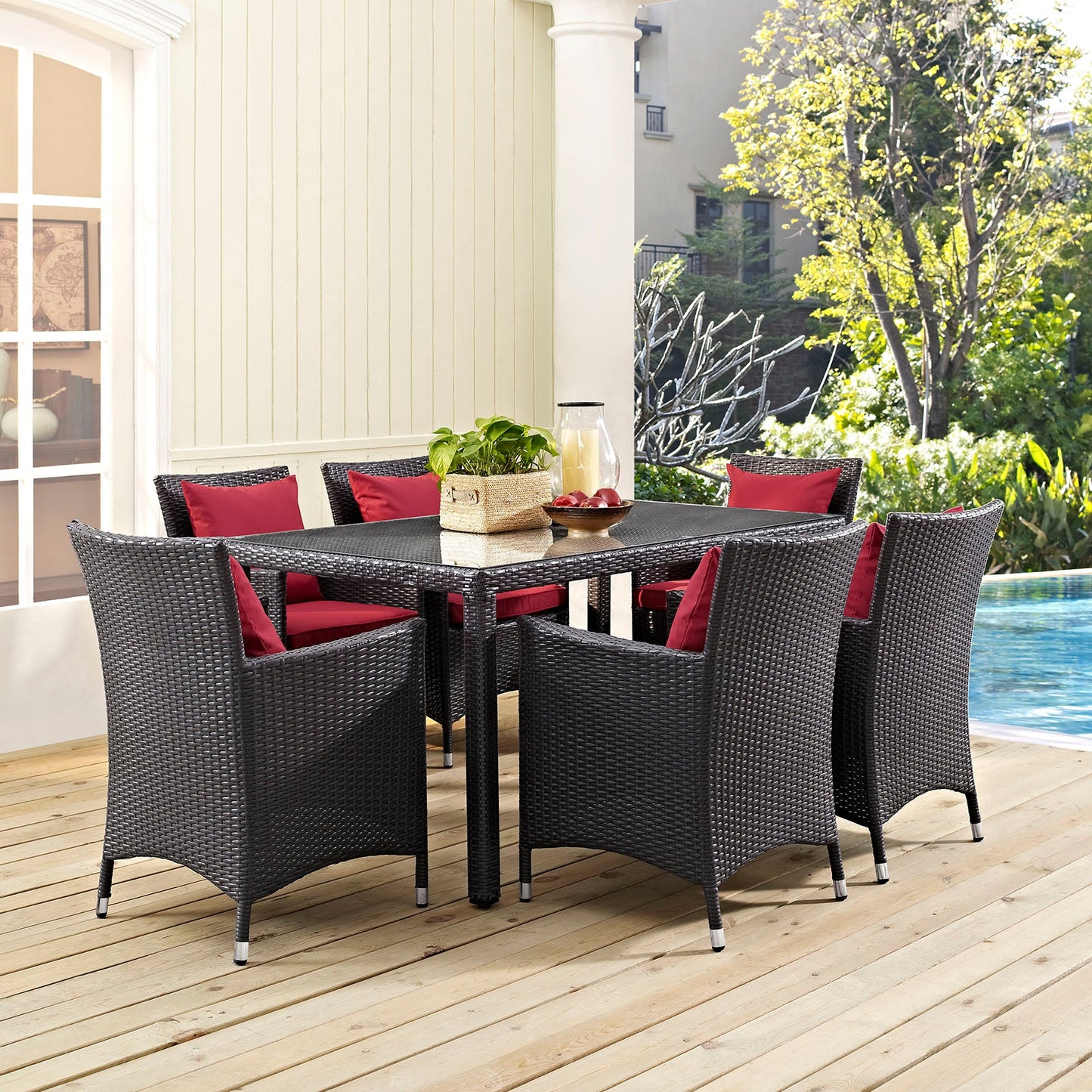 Convene 7 Piece Outdoor Patio Dining Set Espresso Red EEI-2241-EXP-RED-SET