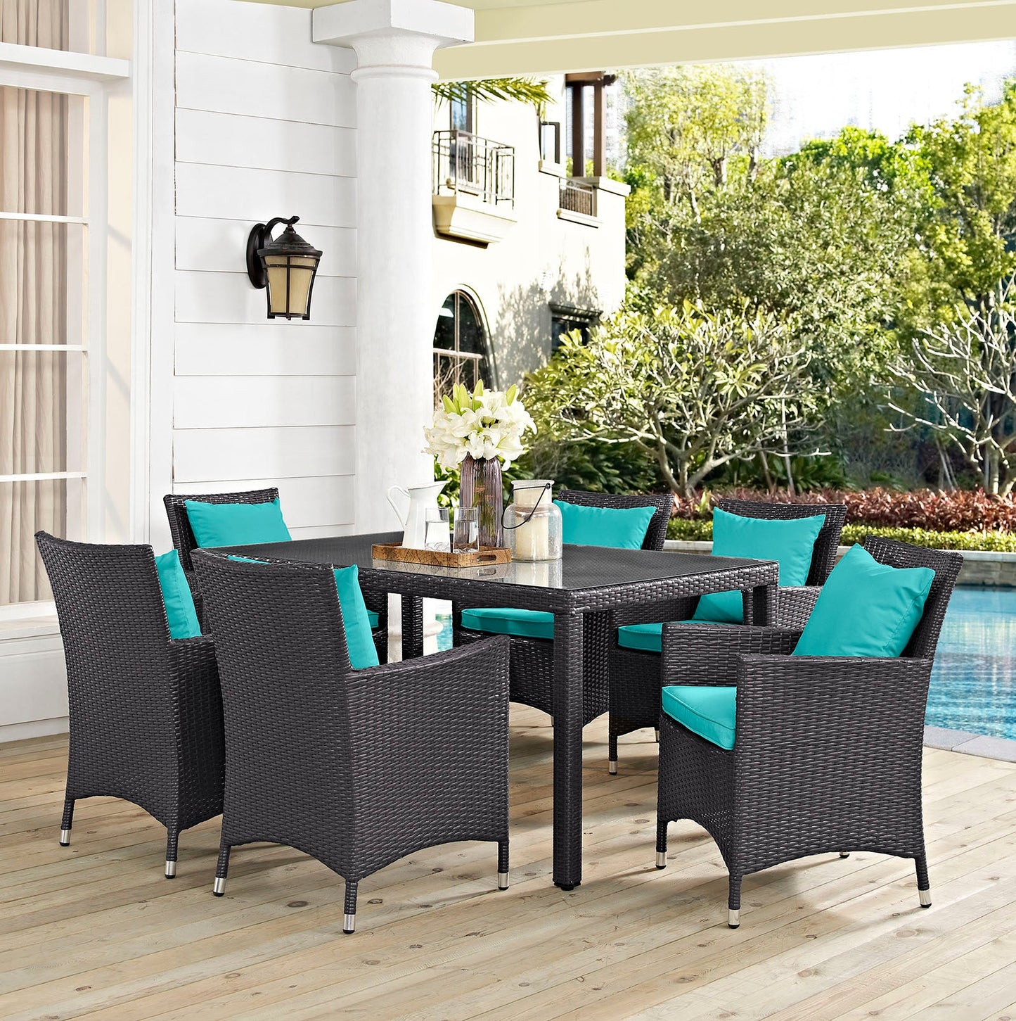 Convene 7 Piece Outdoor Patio Dining Set Espresso Turquoise EEI-2241-EXP-TRQ-SET