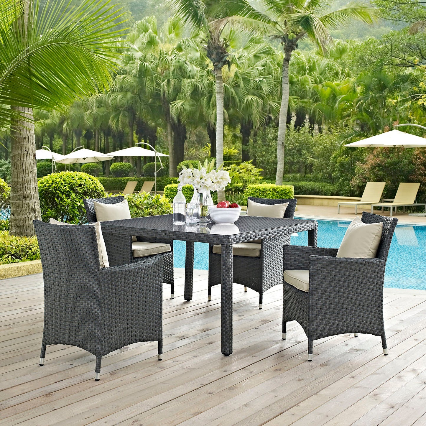 Sojourn 4 Piece Outdoor Patio Sunbrella® Dining Set Antique Canvas Beige EEI-2243-CHC-BEI-SET