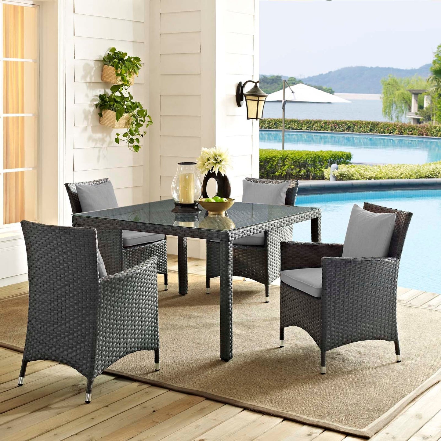 Sojourn 4 Piece Outdoor Patio Sunbrella® Dining Set Canvas Gray EEI-2243-CHC-GRY-SET