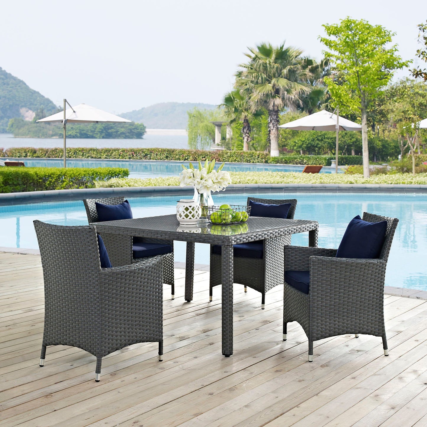 Sojourn 4 Piece Outdoor Patio Sunbrella® Dining Set Canvas Navy EEI-2243-CHC-NAV-SET