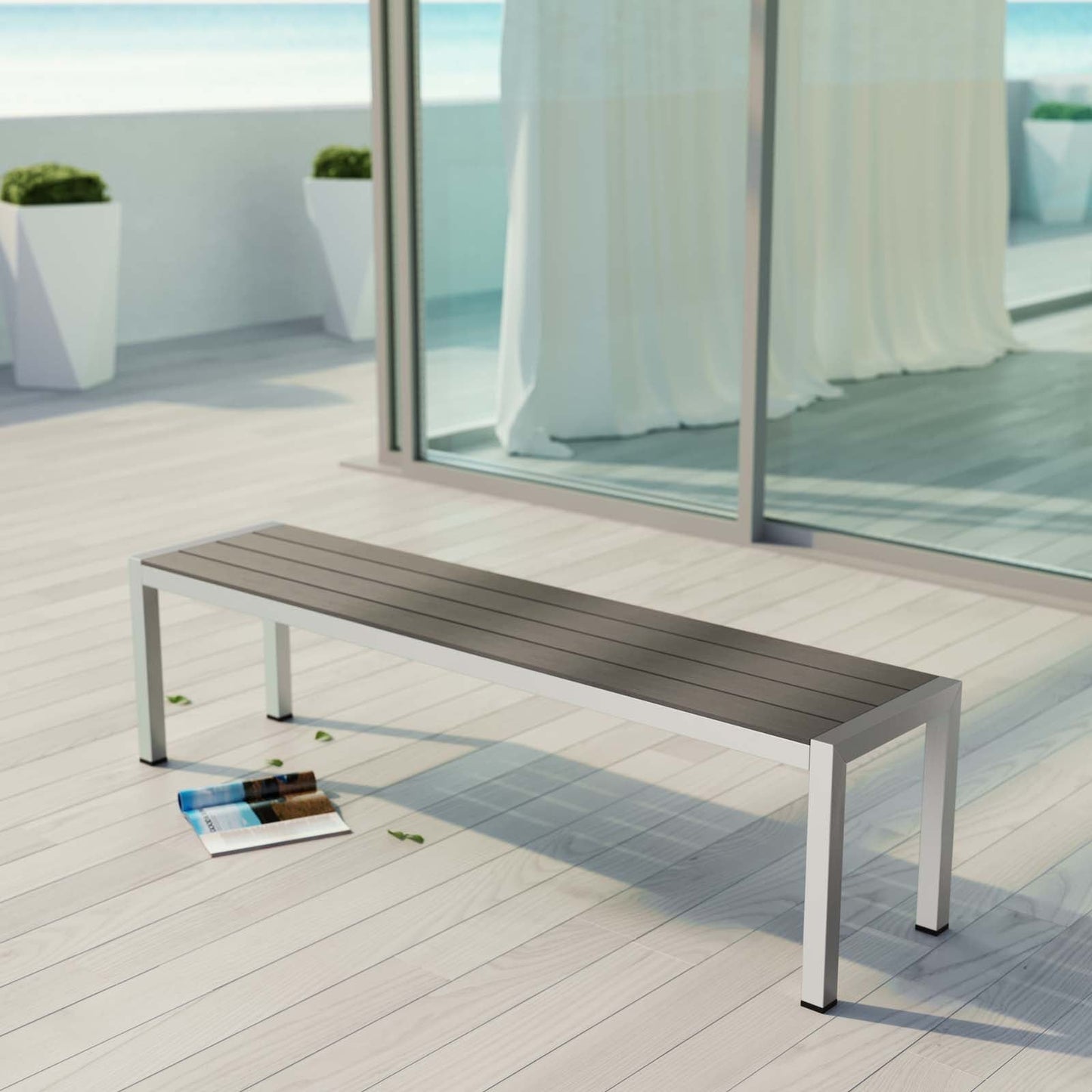 Shore Outdoor Patio Aluminum Bench Silver Gray EEI-2252-SLV-GRY