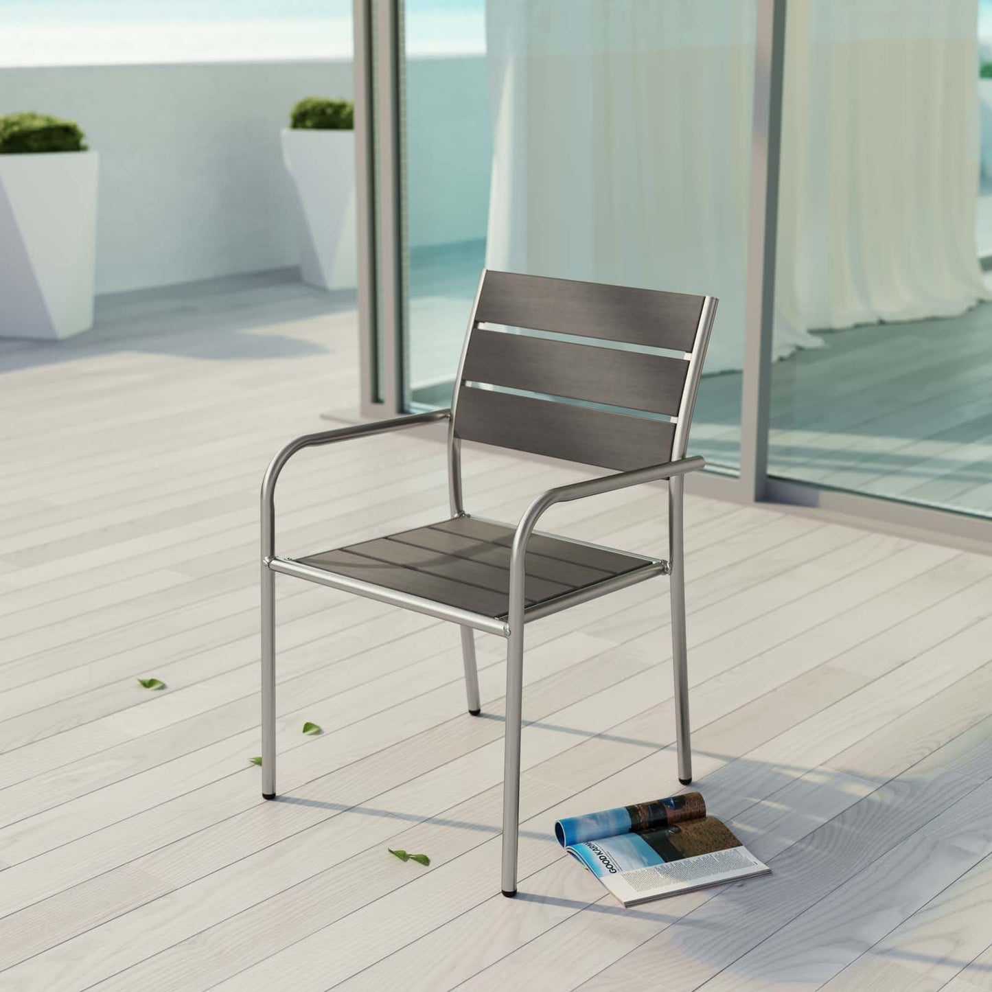 Shore Outdoor Patio Aluminum Dining Rounded Armchair Silver Gray EEI-2258-SLV-GRY