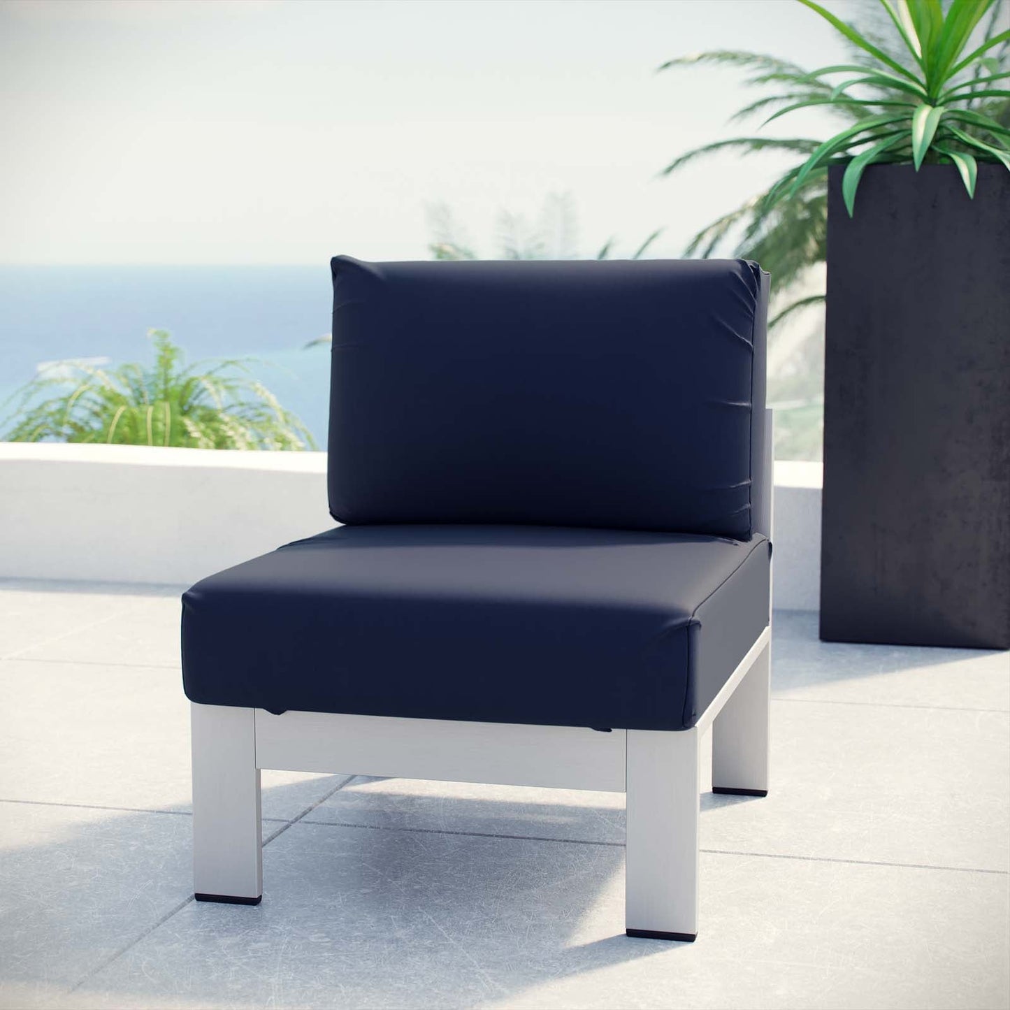 Shore Armless Outdoor Patio Aluminum Chair Silver Navy EEI-2263-SLV-NAV