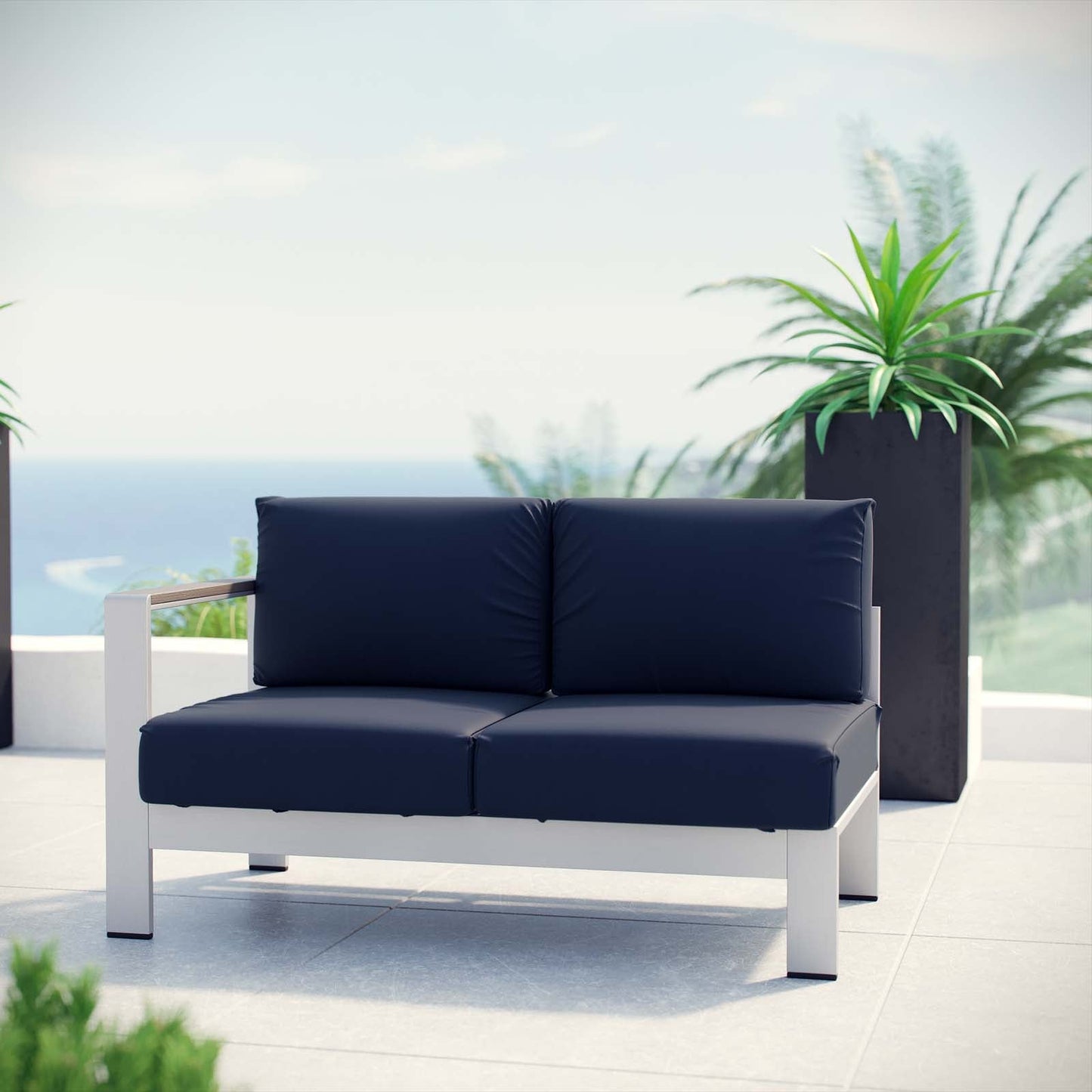 Shore Left-Arm Corner Sectional Outdoor Patio Aluminum Loveseat Silver Navy EEI-2265-SLV-NAV