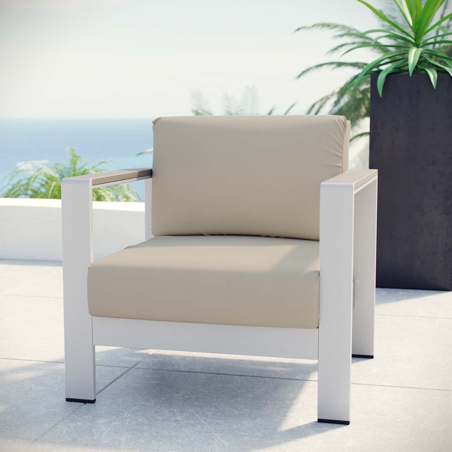 Shore Outdoor Patio Aluminum Armchair Silver Beige EEI-2266-SLV-BEI