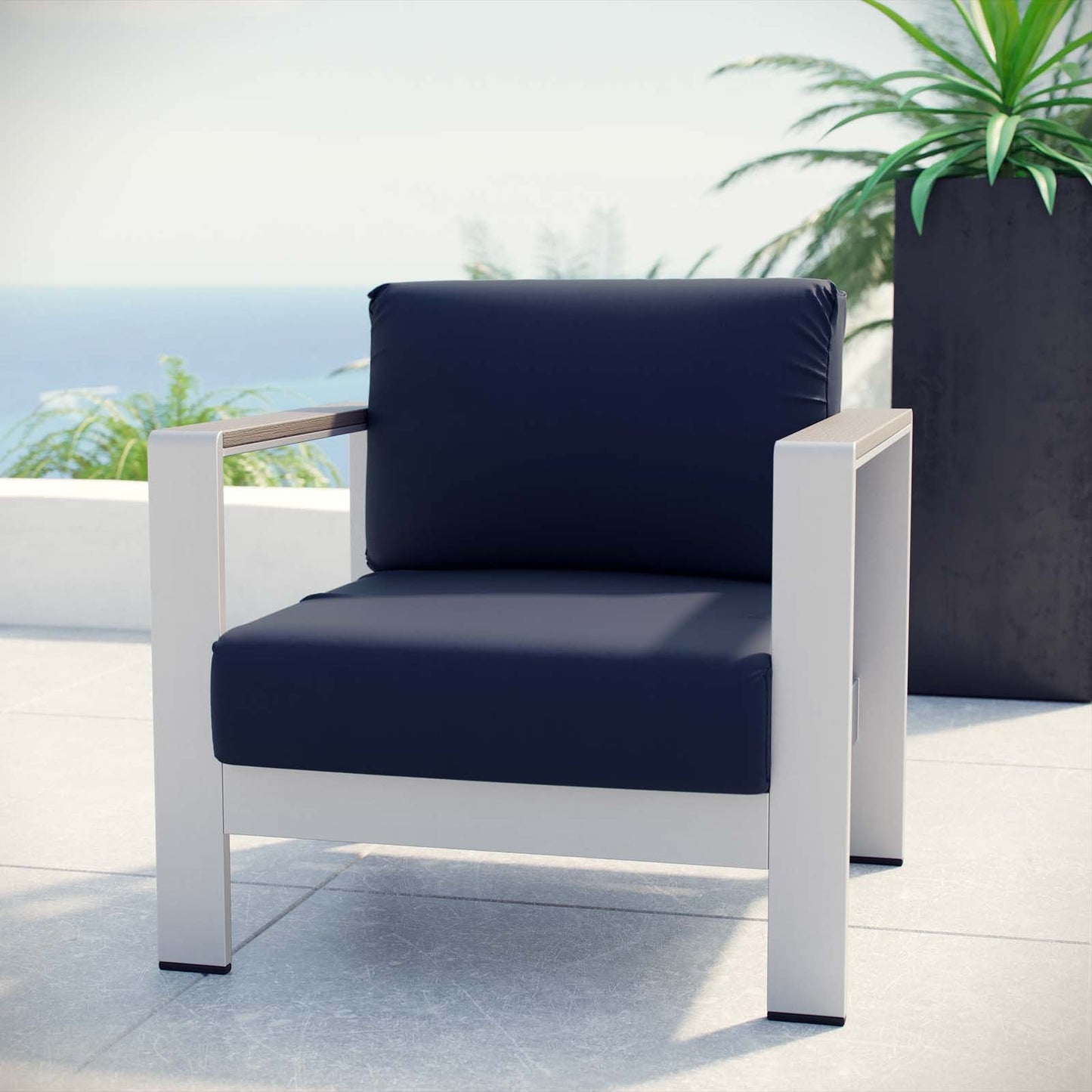 Shore Outdoor Patio Aluminum Armchair Silver Navy EEI-2266-SLV-NAV